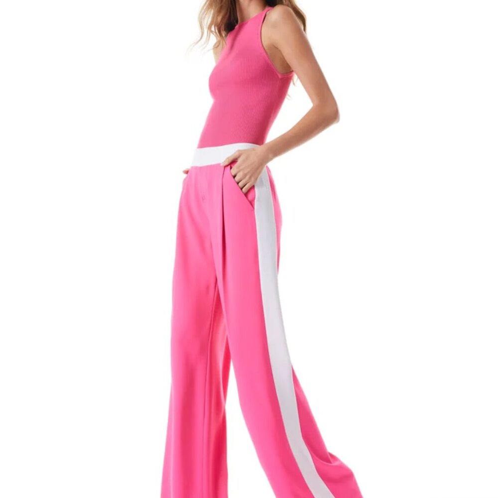 Alice + Olivia Eric Mid-Rise Candy Pink Wide Leg Pants Tux White Stripe Sz 12